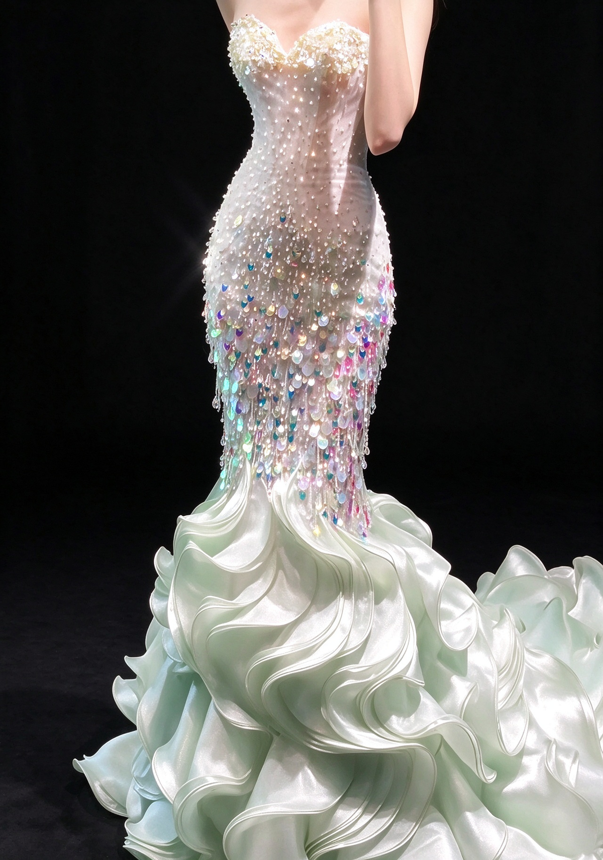 Mint Green Sweetheart Iridescent Sequin Ruffled Mermaid Evening Gown fg9054