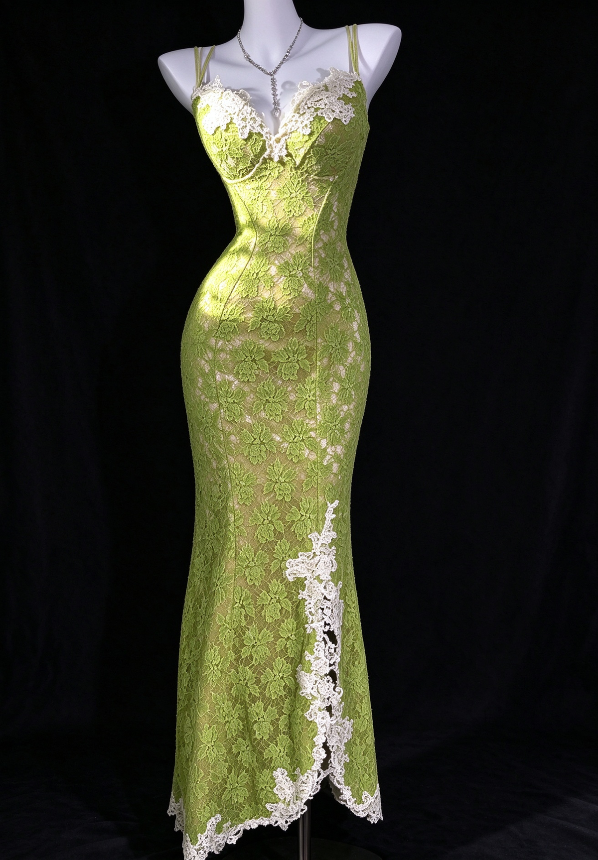 Sage Green Spaghetti Strap Lace Mermaid Evening Dress With Slit fg9127