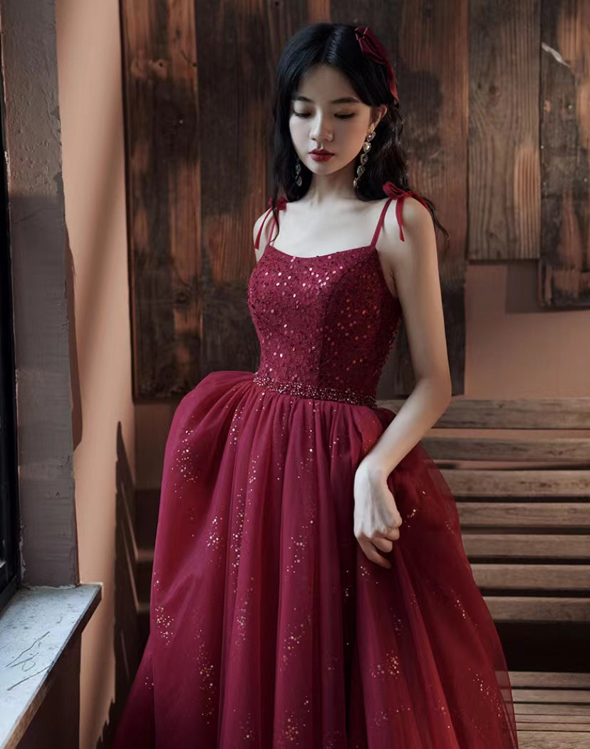 Spaghetti Strap Evening Dress ,dark red Birthday Dress, Sweet Party Dress,custom Made fg5591