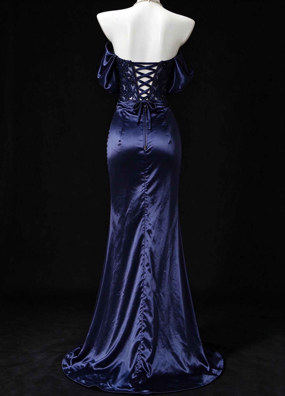 Off-Shoulder Beaded Navy Satin Mermaid Evening Dress with Slit, Formal Prom Gown fg8934