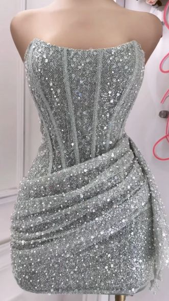 Pink Strapless Sequins Party Dress Mini Homecoming Dress Birthday Outfits fg6892