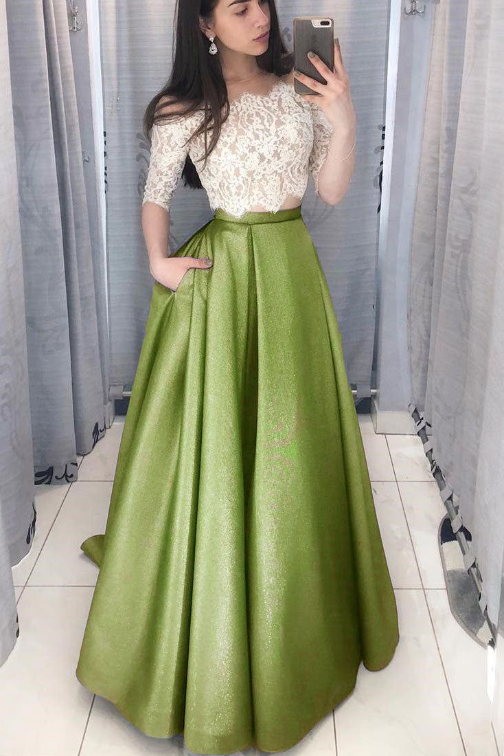 Two Piece Long Prom Dress with White Lace Top fg6170