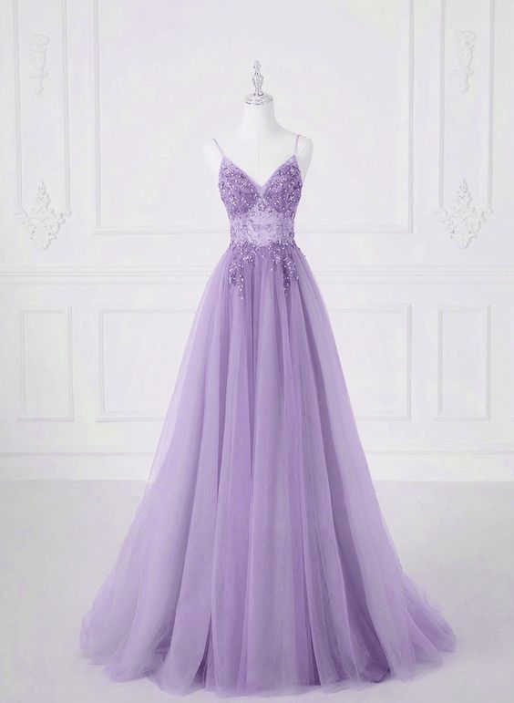 A-line Tulle Lavender Beaded Long Prom Dress, Lavender Tulle Formal Dress fg5414