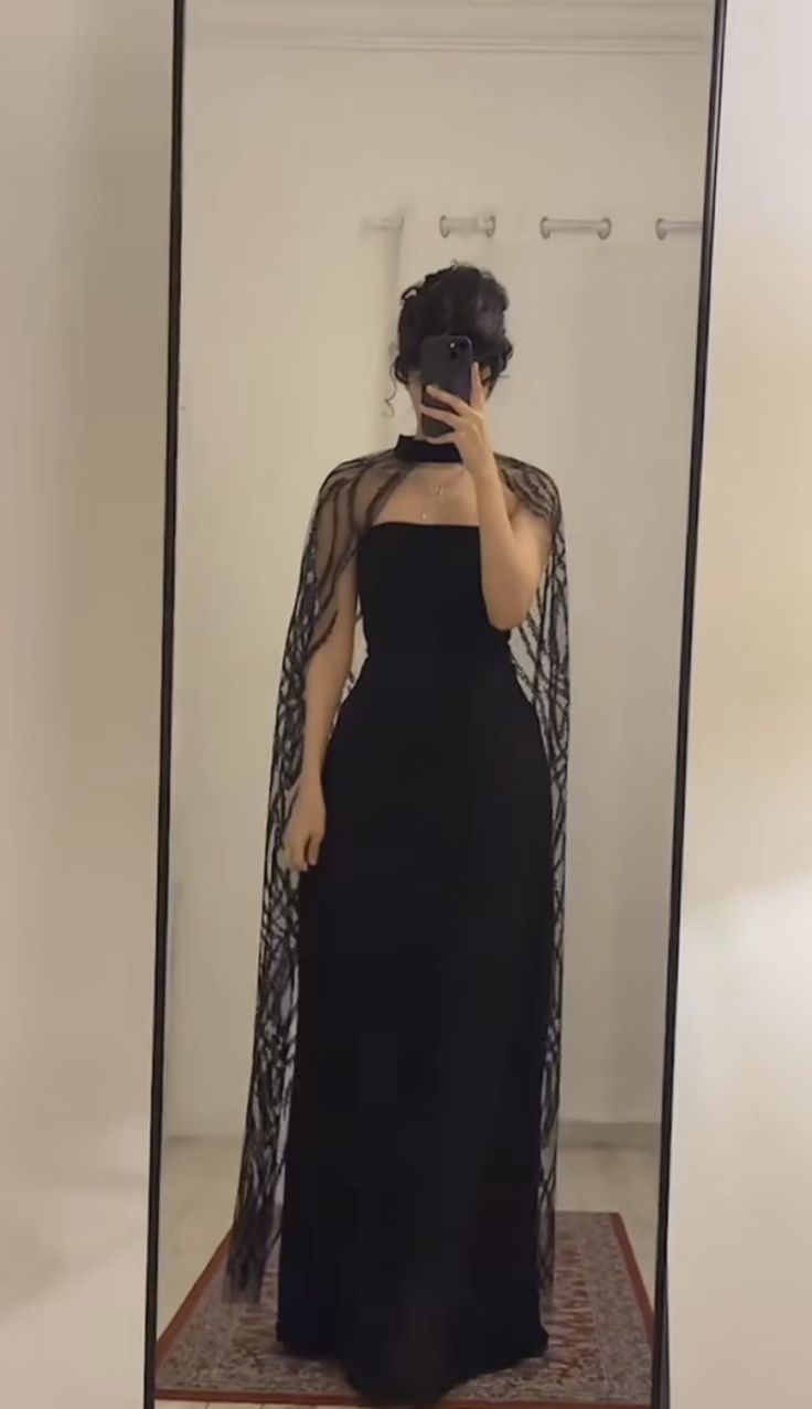 Black Long Prom Dresses, Evening Formal Dress With Cape fg6415