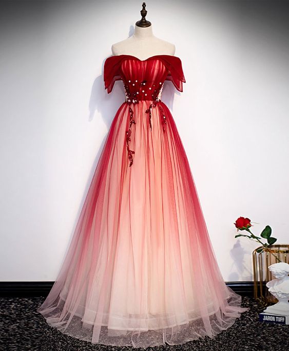 Burgundy Off Shoulder Tulle Long Prom Dress, Burgundy Formal Dress fg5699
