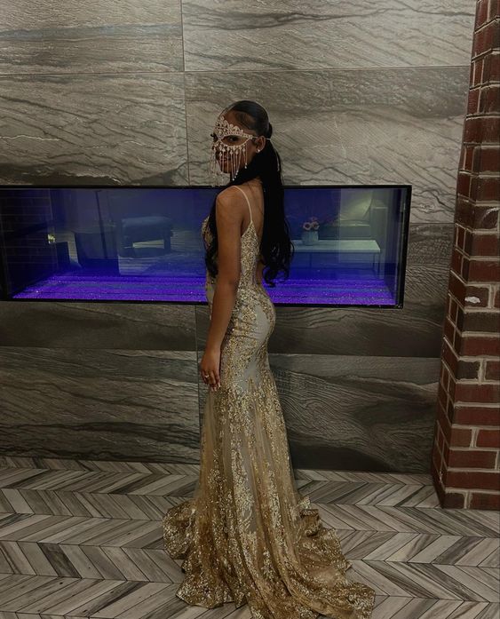 Gold Mermaid Prom Dresses For Black Girls Spaghetti Zipper Back Sweep Train Lace Formal Evening Dress fg5422