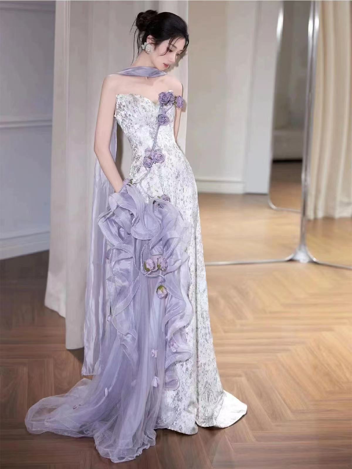Lilac Strapless Long Prom Dresses Vintage Formal Evening Dress fg7589