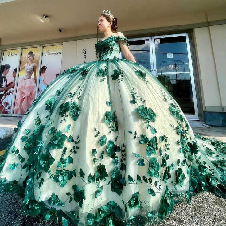 Green Quinceanera Dresses Off Shouder Beads Appliques Ball Gown Sweet 16 Dress fg5758