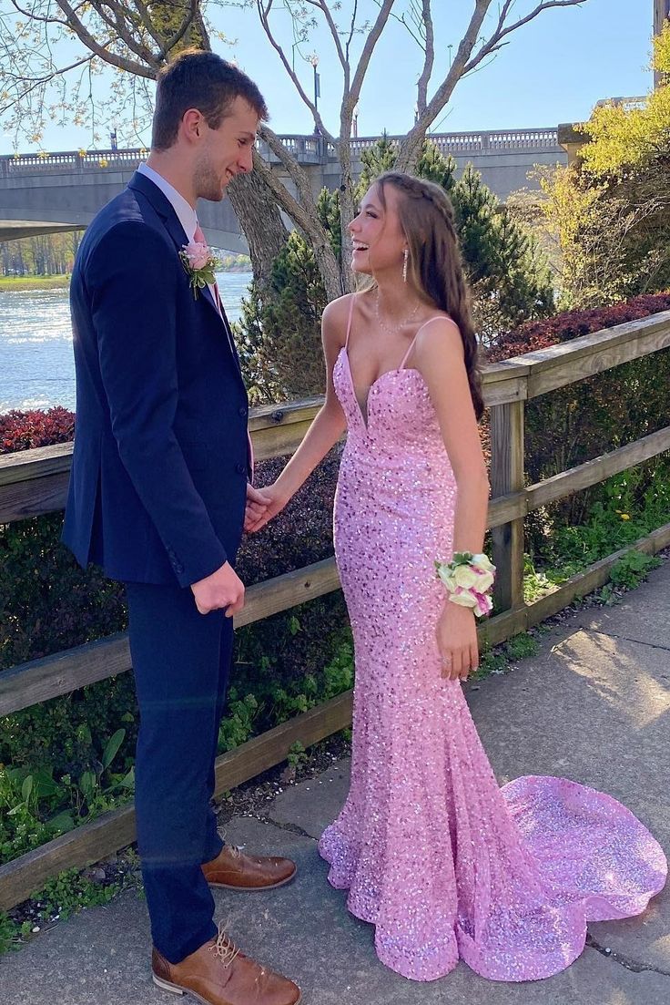Straps Pink Sequin Mermaid Long Formal Dress fg5559