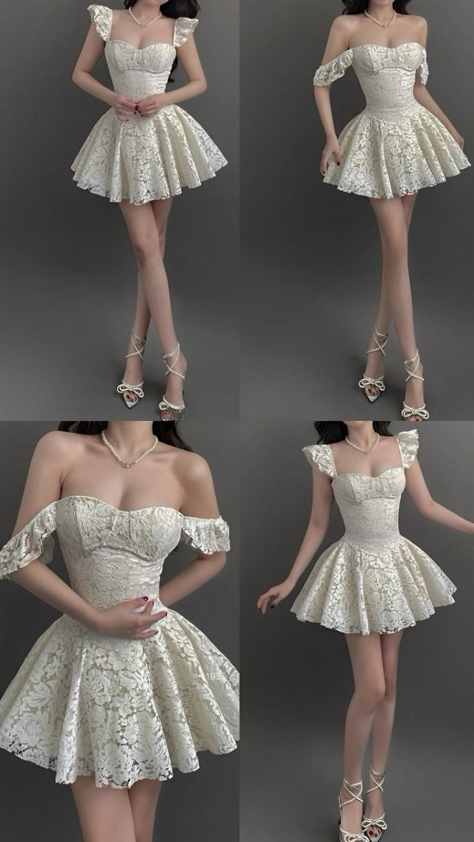 A Line White Lace Off Shoulder Short Evening Dress Cocktail Dresses Short Party Dress fg7881