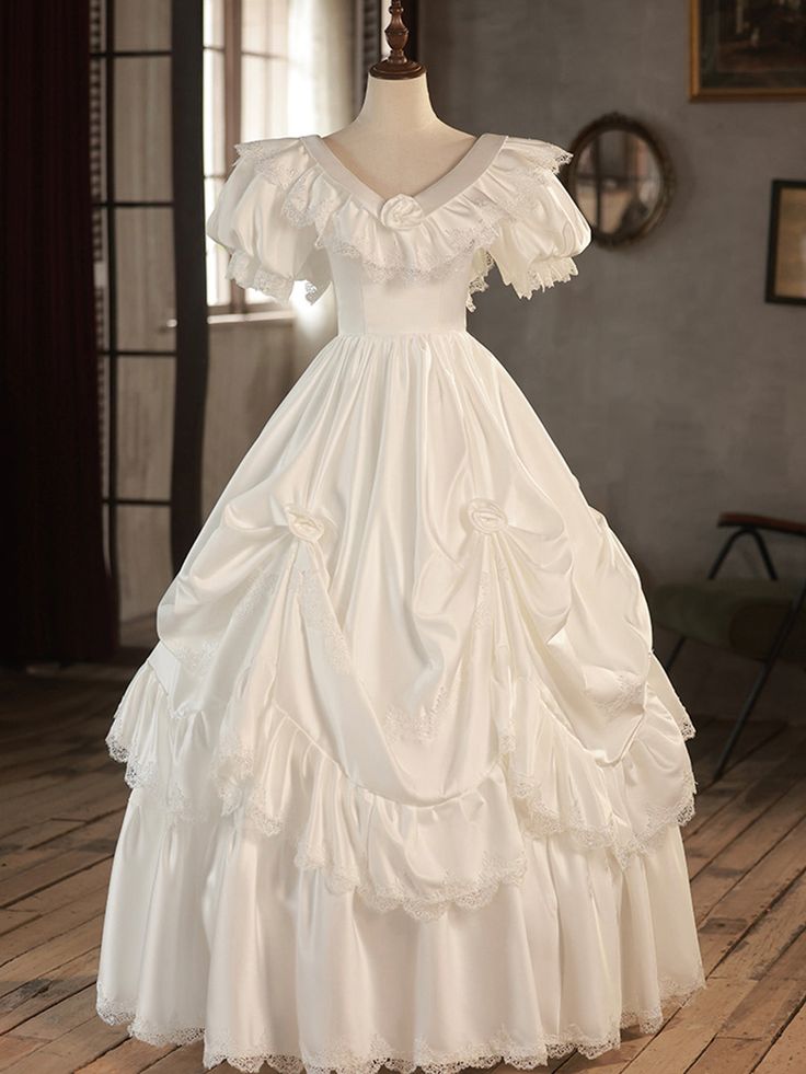 V-Neck Satin Long Prom Dress, Lace Wedding Dress fg5826