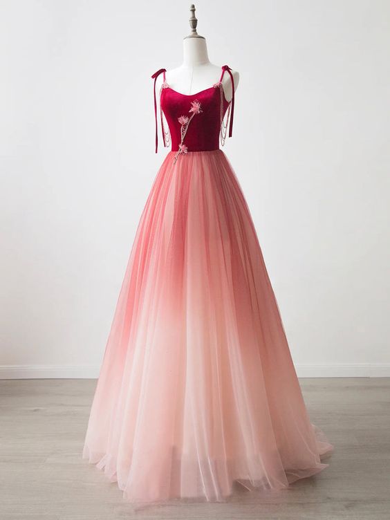 Burgundy Velvet Tulle Long Prom Dress, Beautiful A-Line Spaghetti Strap Evening Party Dress fg5700