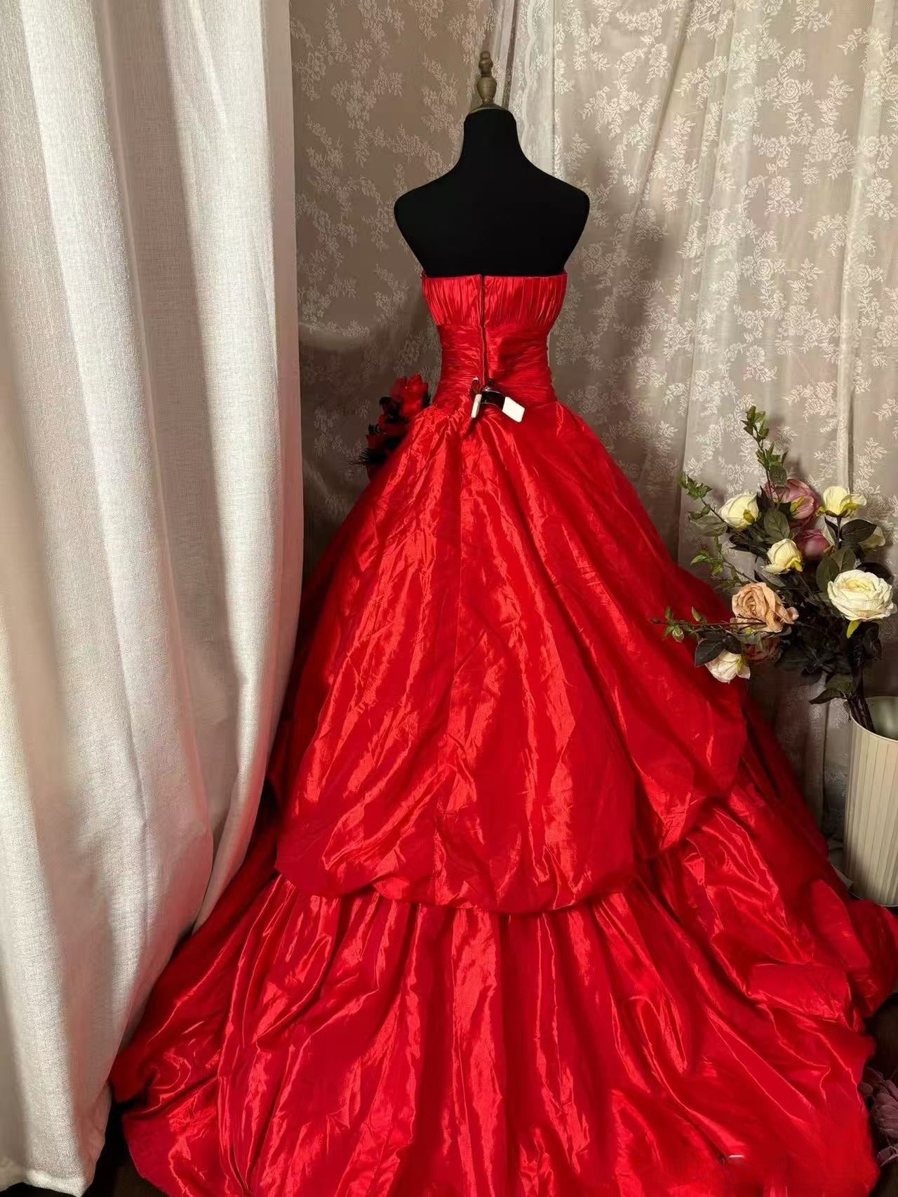 A Line Red Strapless Vintage Prom Dress Long Evening Dress fg8034