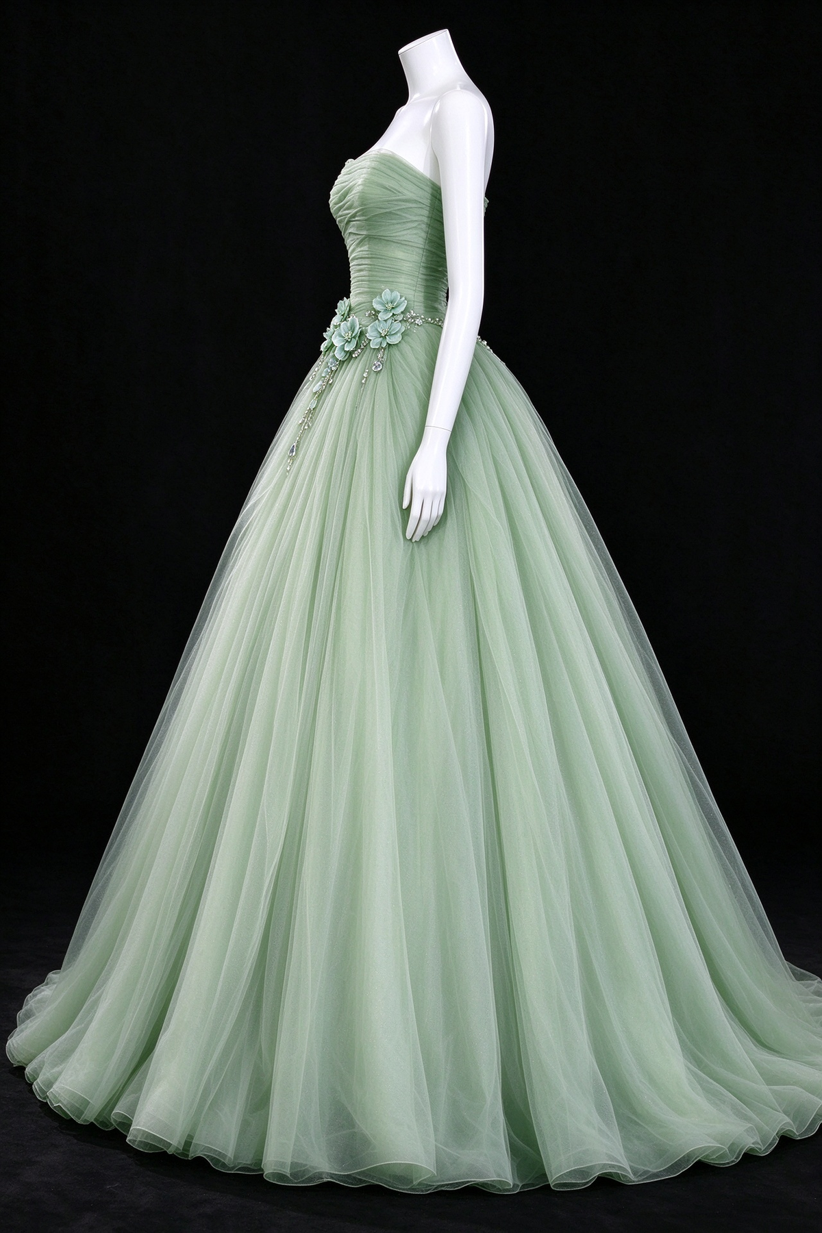 Mint Green Strapless Floral Applique Tulle Ball Gown fg9071