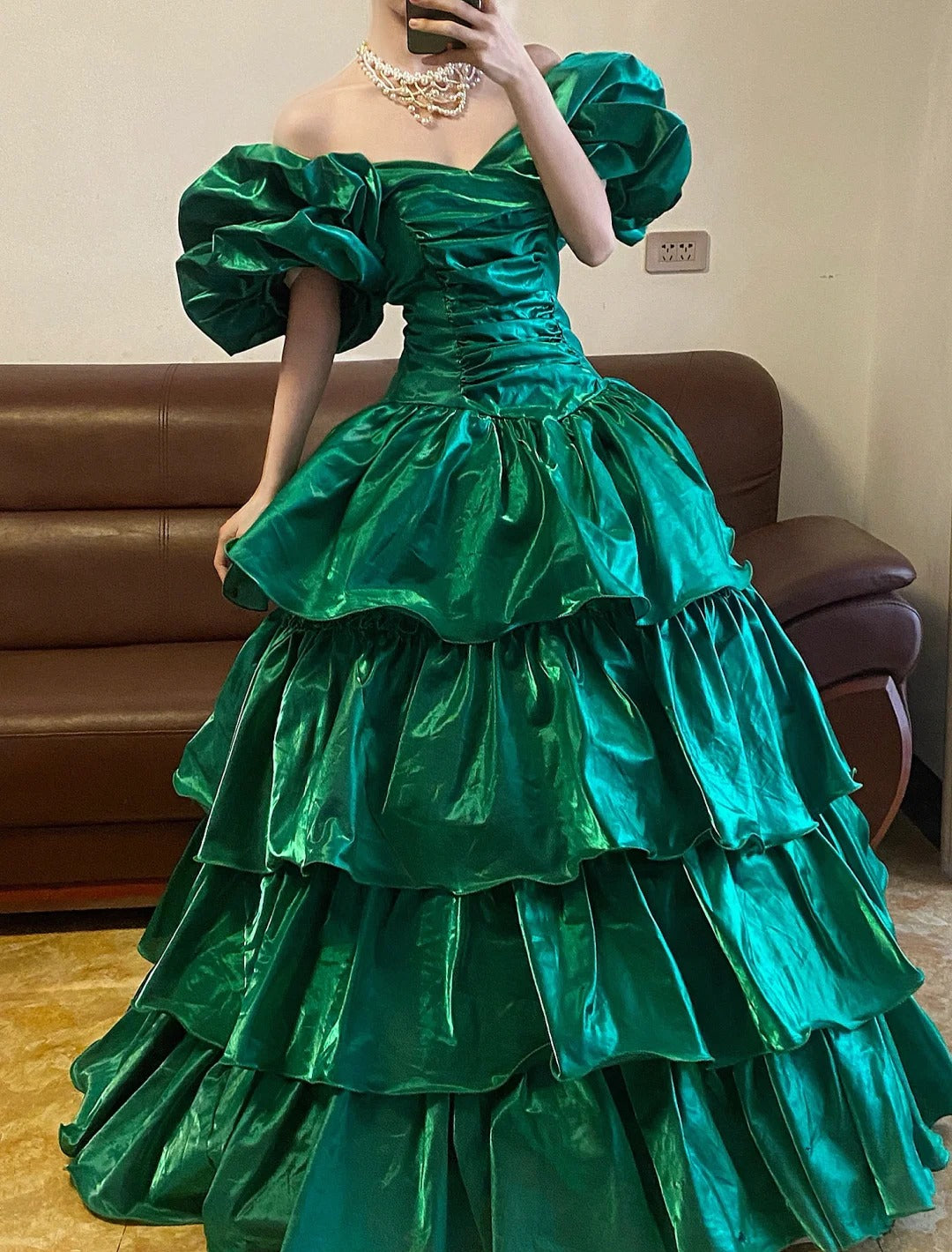 Emerald Green Off Shoulder Long Prom Dresses Vintage Formal Evening Dress fg7590