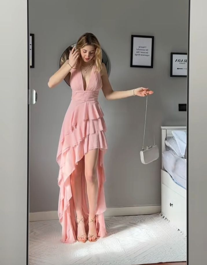 Pink Sexy V Neck Prom Dresses Formal Evening Dress fg7610