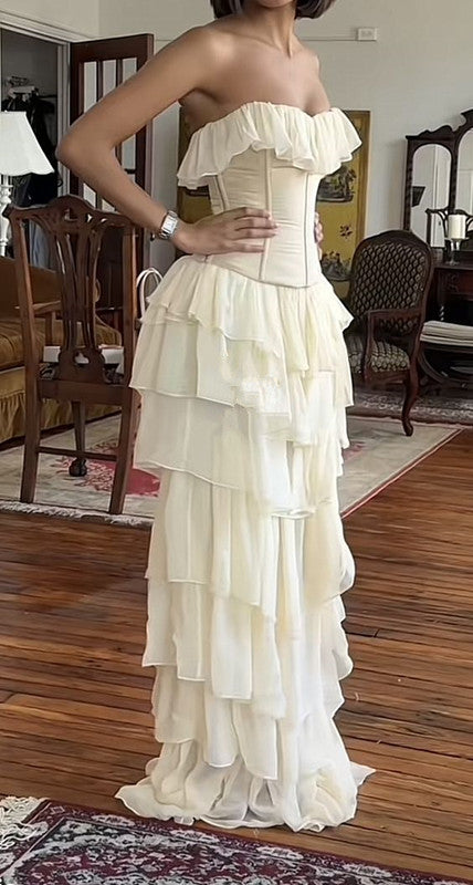 Ivory Strapless Chiffon Tiered Sheath Gorgeous Evening Dress fg5914