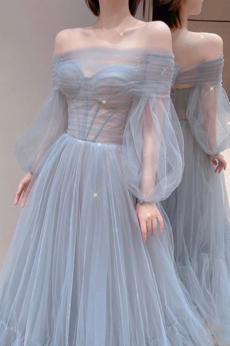Blue Tulle Long Prom Dress, Beautiful Long Sleeve Tulle Evening Dress fg6142