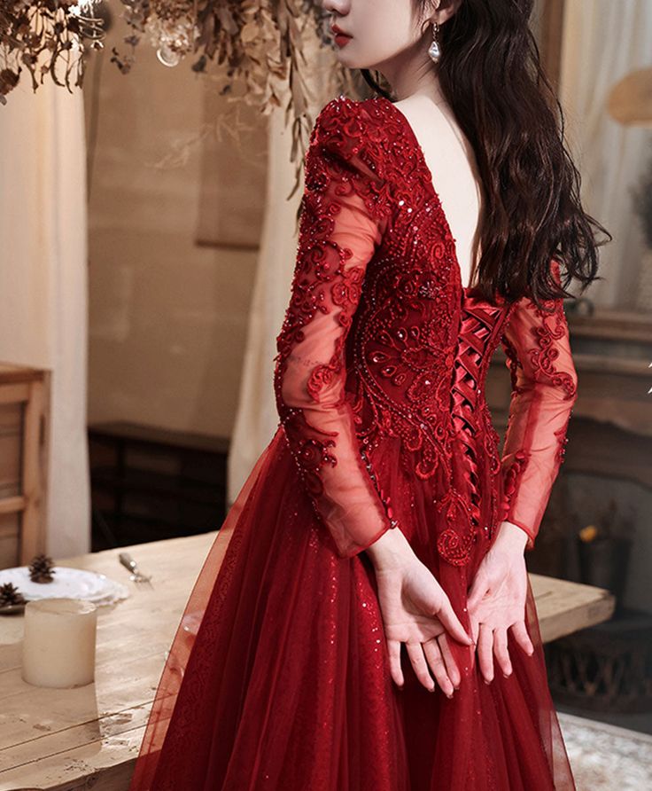 Burgundy Aline Lace Long Prom Dress, Burgundy Tulle Formal Graduation Dress fg5618