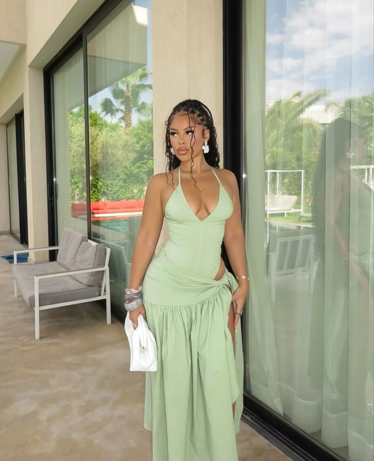 Green Halter Evening Party Gowns Casual Dress fg6678