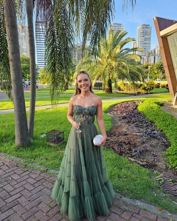 Strapless Green A Line Tulle Long Prom Dress fg5556