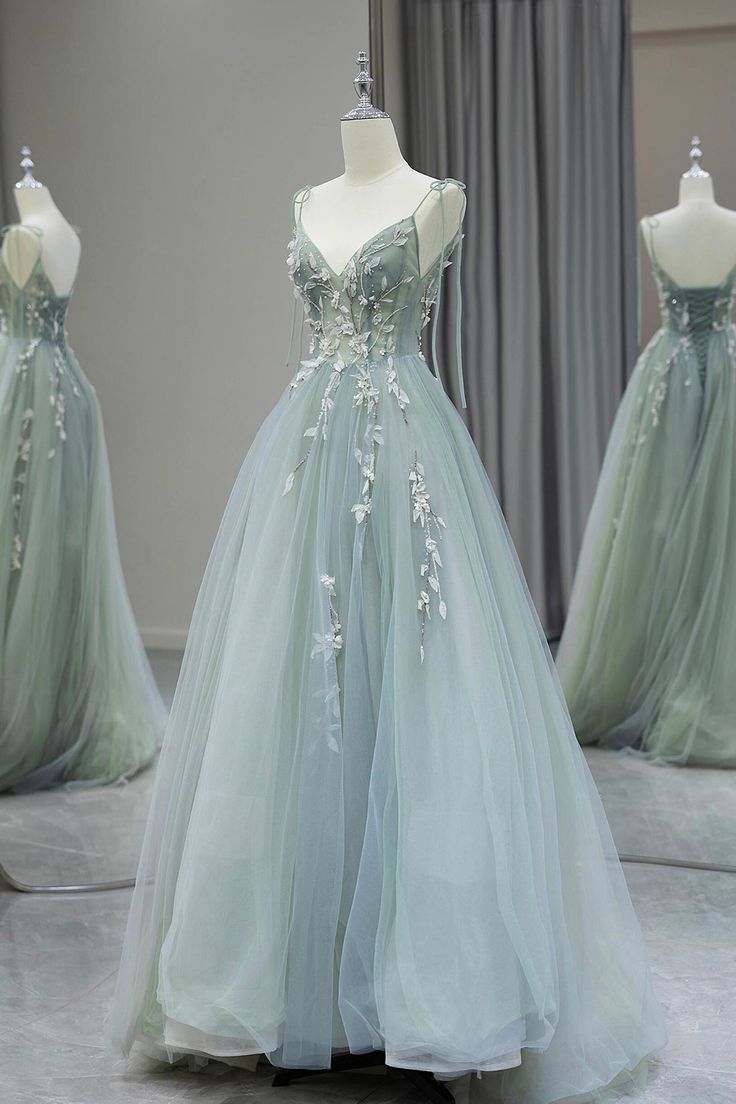 Stylish Spaghetti Strap Tulle Floor Length Formal Dress Gray Green V-Neck Backless Party Dress fg6350