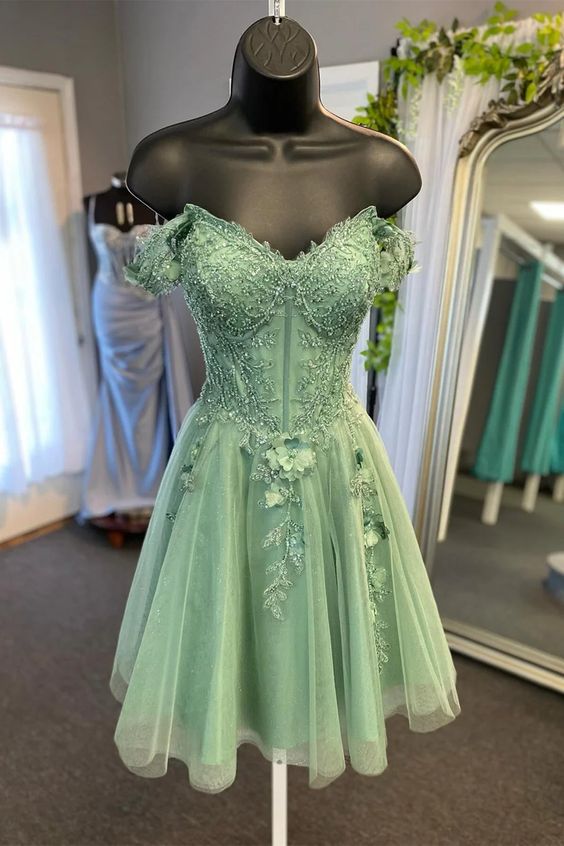 Off Shoulder Sage Green Lace Prom Dresses, Short Sage Lace Homecoming Dresses, Sage Formal Evening Dresses fg5956