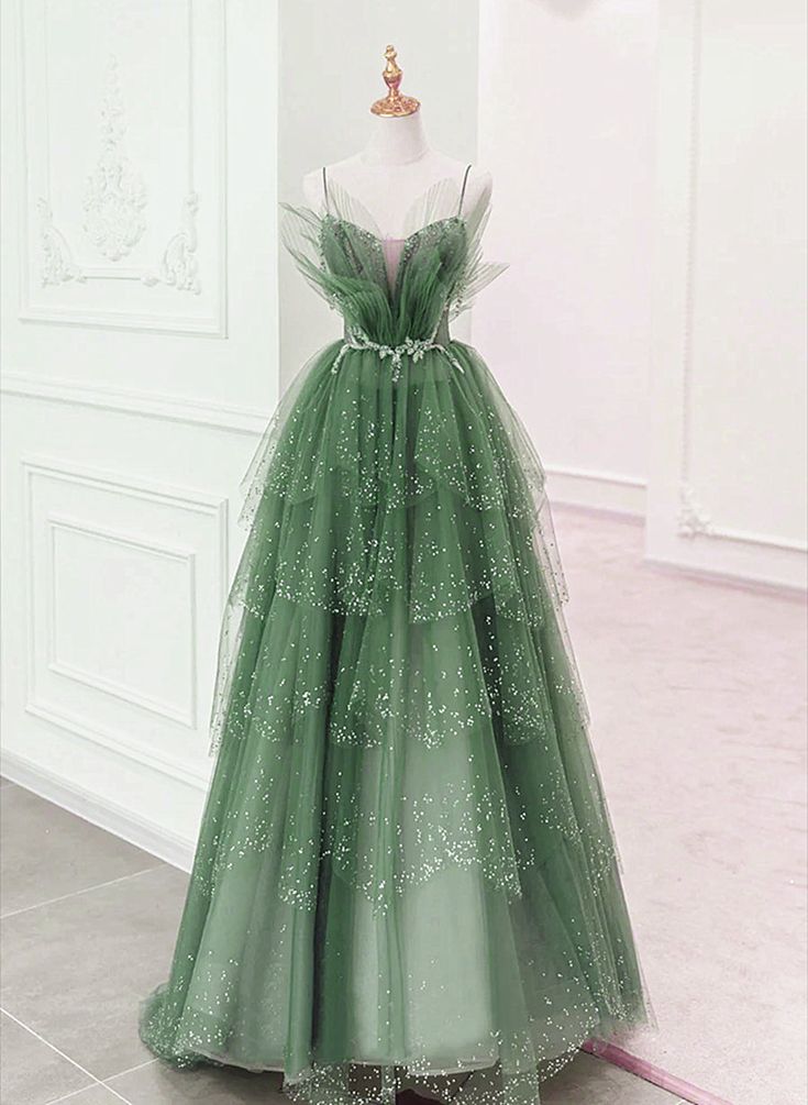 Glam Layers Tulle Straps Beaded Long Party Dress, Long Formal Dress fg5451