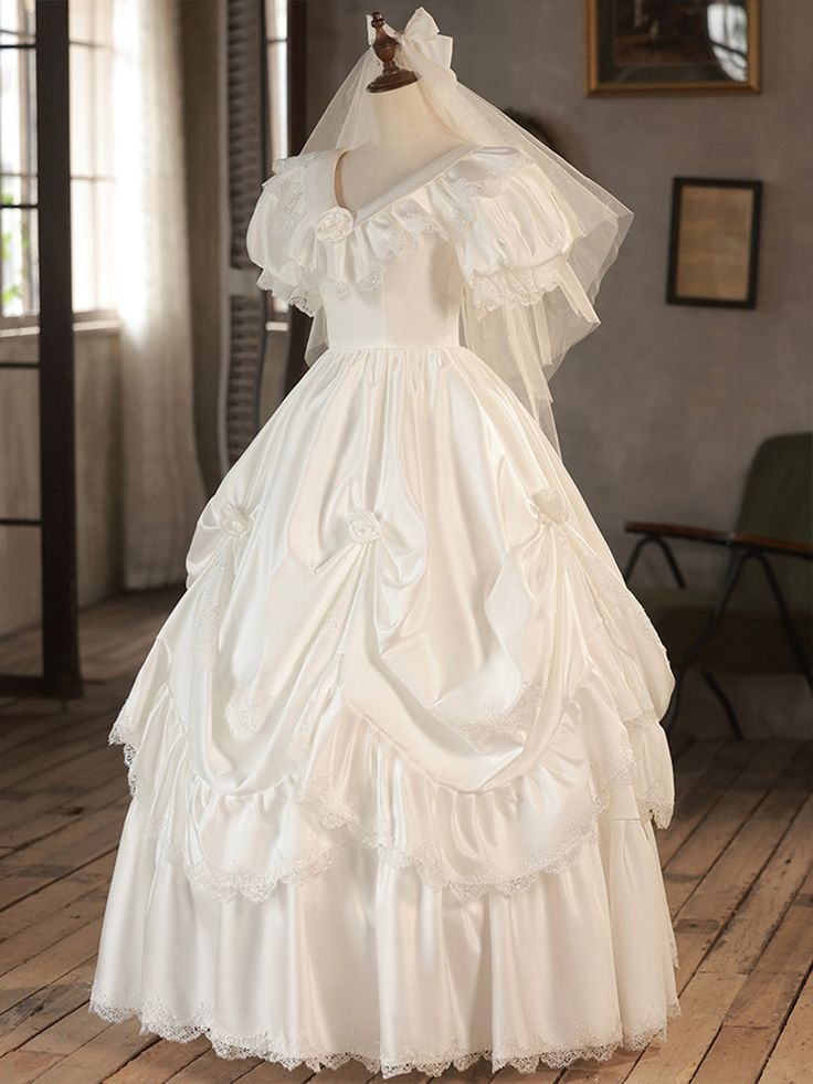 V-Neck Satin Long Prom Dress, Lace Wedding Dress fg5826