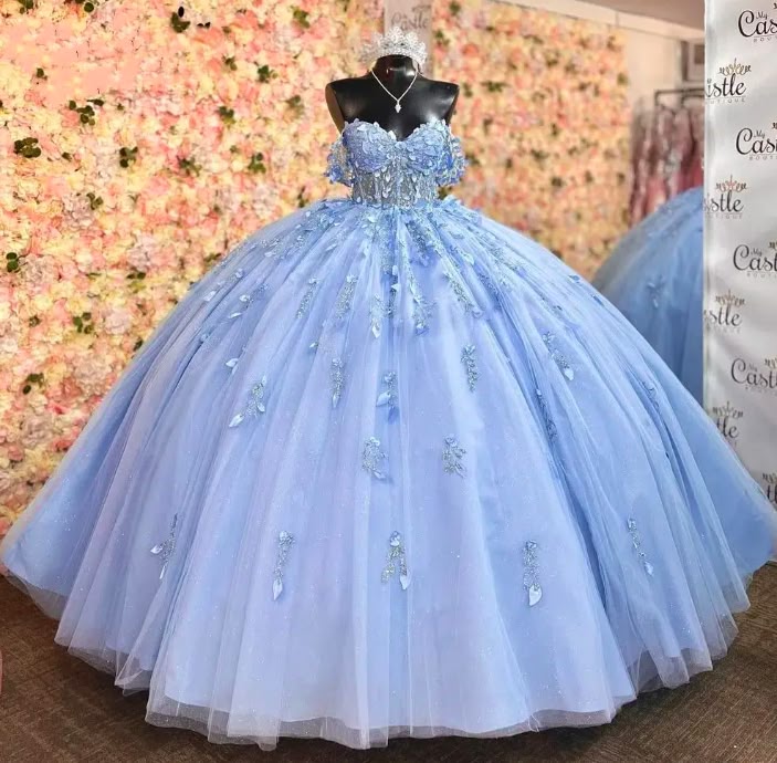 Sparkly Sky Blue Quinceanera Dress Ball Gown Appliques Beading Sequins Sweet 15 16 Dress fg6627