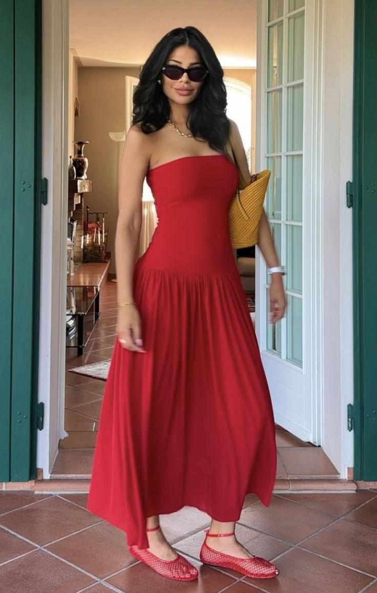 Red Strapless A-Line Long Party Dress Wedding Guest Dress fg7403