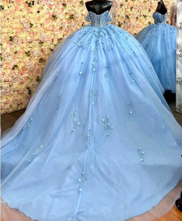 Sparkly Sky Blue Quinceanera Dress Ball Gown Appliques Beading Sequins Sweet 15 16 Dress fg6627