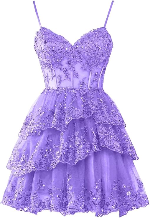 Purple Homecoming Dresses for Teens Tulle Lace Applique Tiered A-line Formal Short Mini Prom Dress fg6212