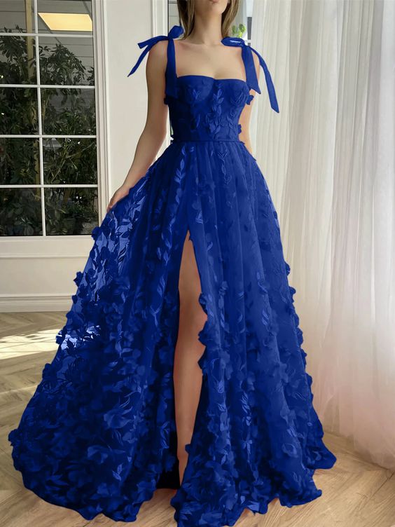 A-Line Princess Blue Straps Long Prom Floral Dresses With Split Side fg6139