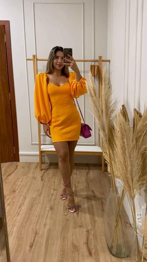 Women Fashion Elegant Orange dress Puff Sleeve Homecoming Dresses fg6323