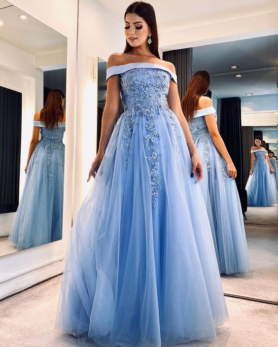Schulterfreies, appliziertes, perlenbesetztes, langes Abendkleid aus Tüll fg6741