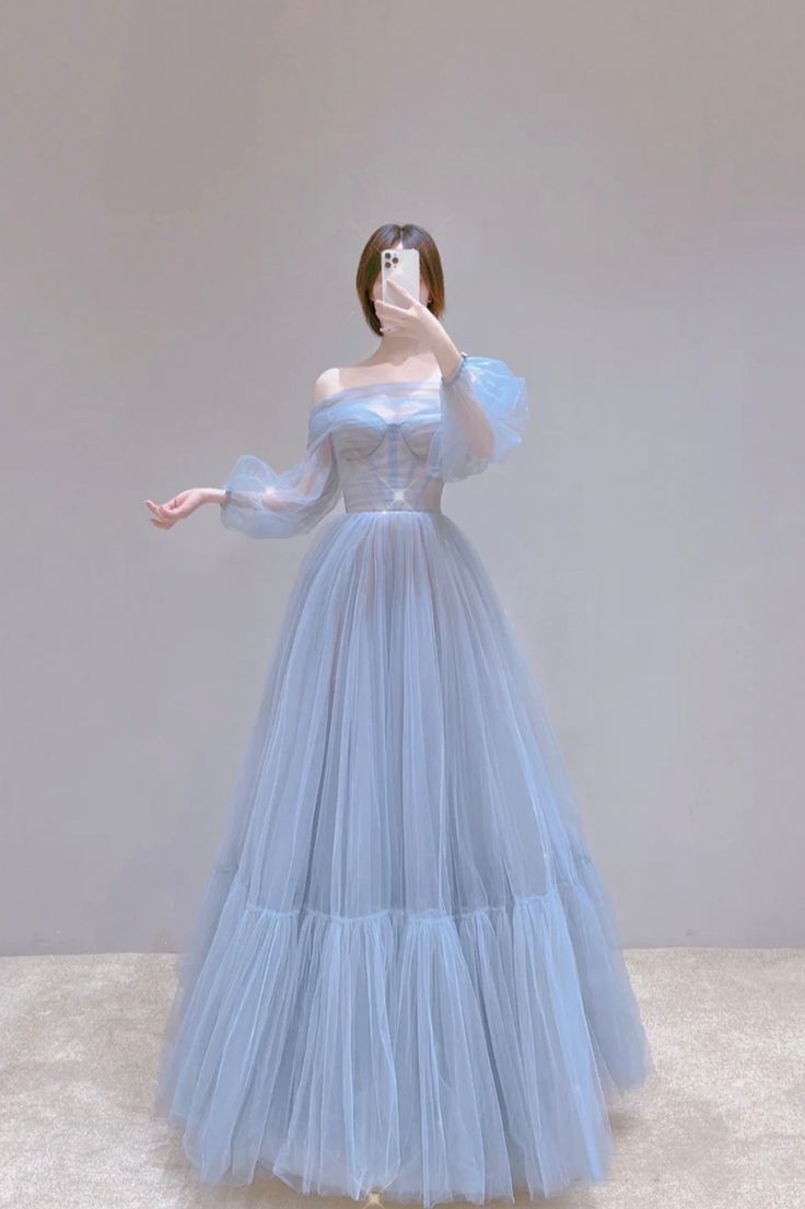 Blue Tulle Long Prom Dress, Beautiful Long Sleeve Tulle Evening Dress fg6142