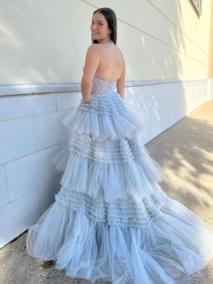Halter V Neck Open Back Layered Gray Lace Long Prom Dresses, Gray Backless Lace Formal Evening Dresses fg6162
