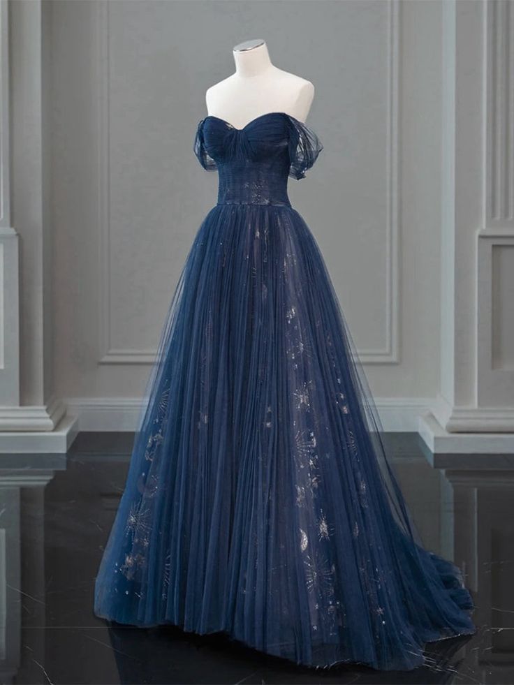 A-Line Off Shoulder Tulle Lace Dark Blue Long Prom Dress, Dark Blue Long Evening Dress fg6743