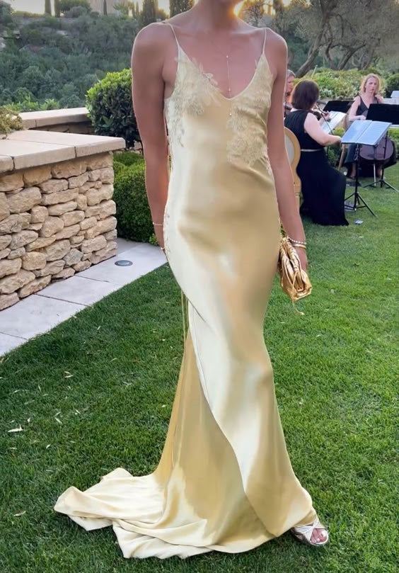 Yellow satin backless long prom evening dresses fg6718