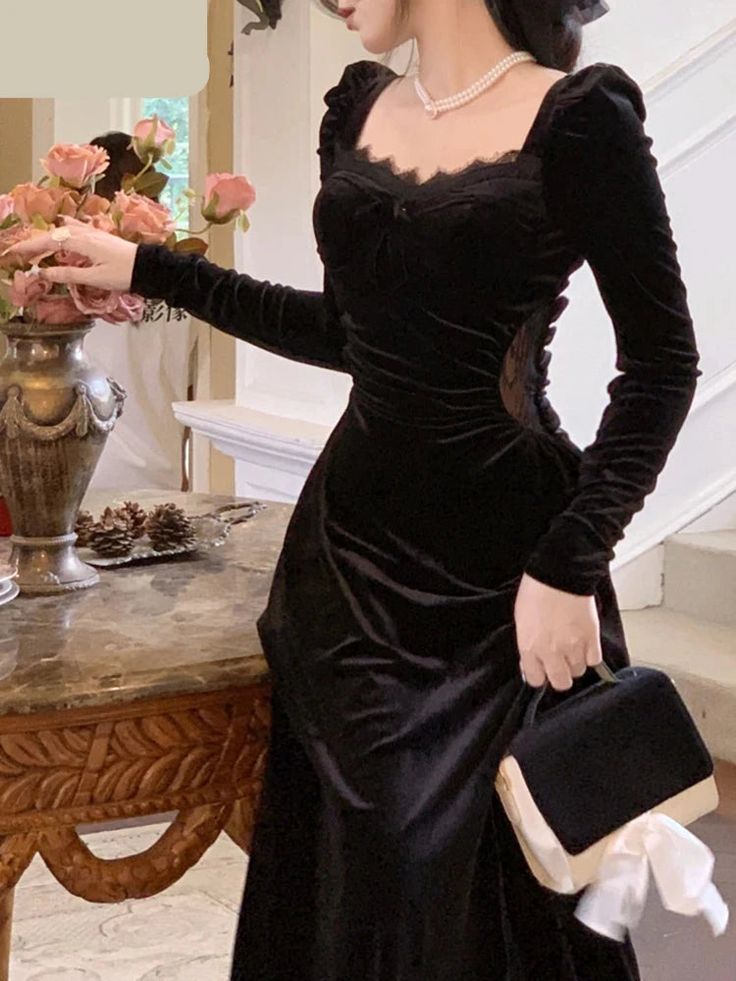 Vintage Balck Long Sleeve Dress Woman Elegant Fashion Velvet Midi Dress fg6635