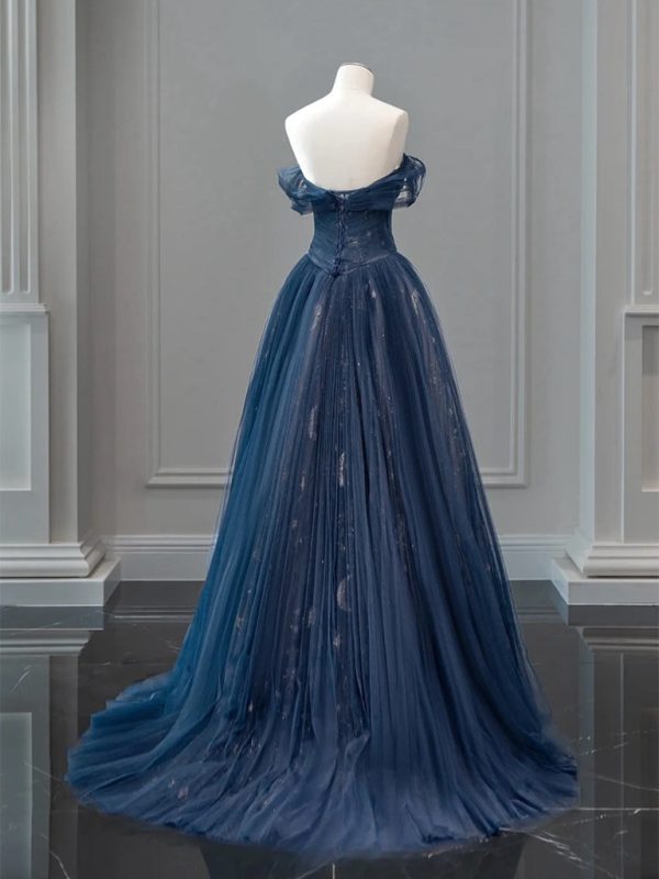 A-Line Off Shoulder Tulle Lace Dark Blue Long Prom Dress, Dark Blue Long Evening Dress fg6743
