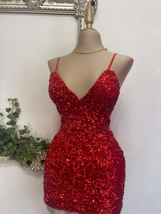 Red Sheath Straps Sequins Mini Homecoming Dress fg6293