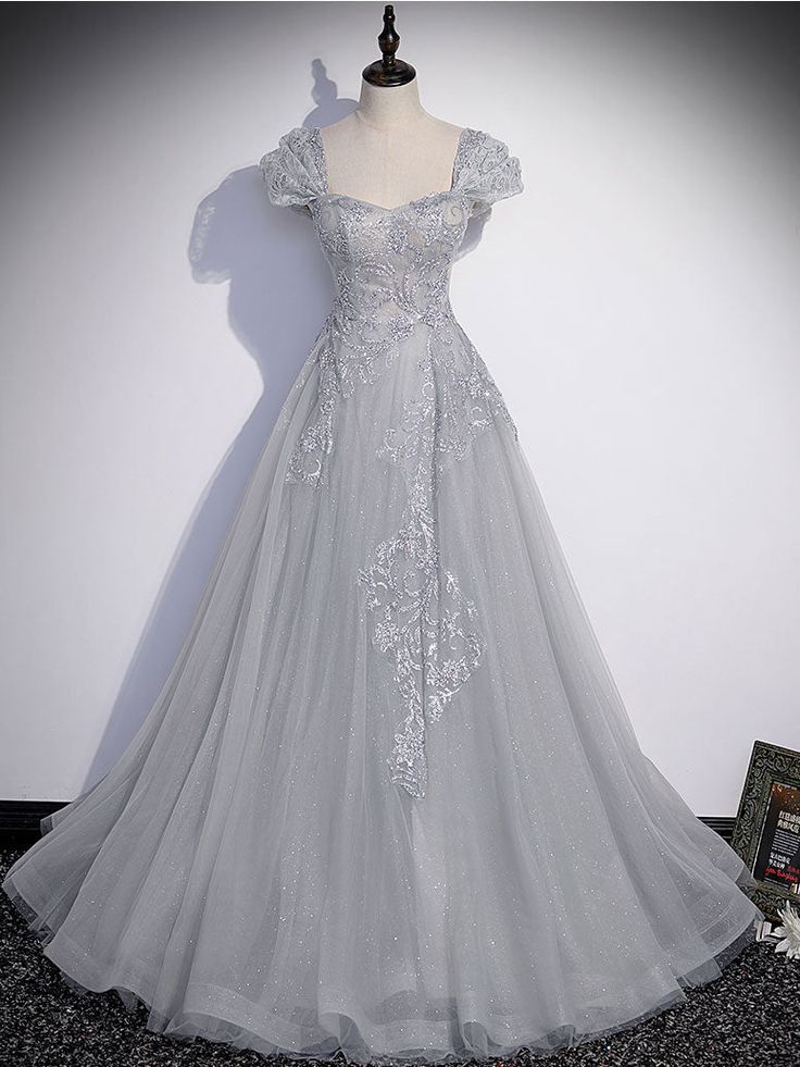 Gray Sweetheart Neck Tulle Lace Long Prom Dress, Gray Evening Dress fg6115