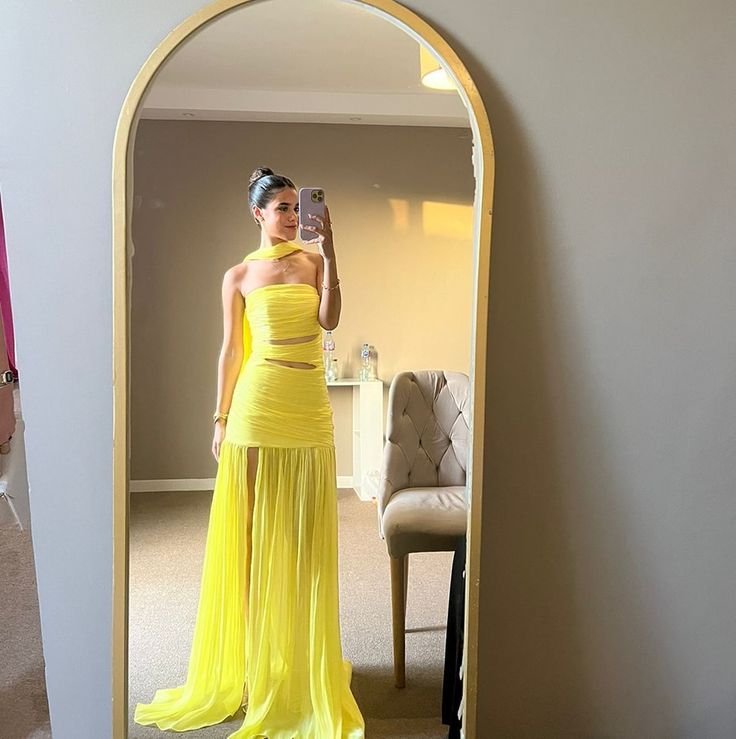 Strapless Yellow A Line Long Prom Dress Formal Party Gown fg6457