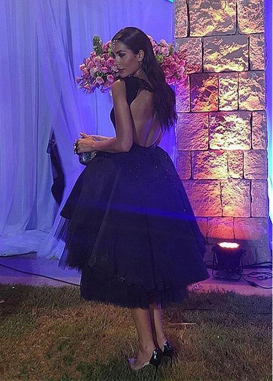 A-Line Black Tulle Backless Knee Length Homecoming Dress fg6131