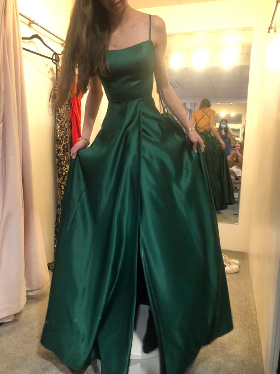simple green satin prom dresses, formal party dress long fg6265
