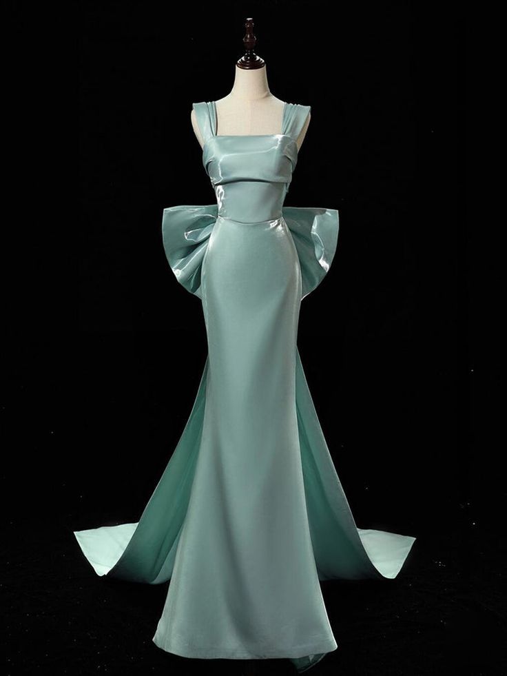 Simple Satin Bow Tie Green Long Prom Dress, Green Long Formal Dress fg6091