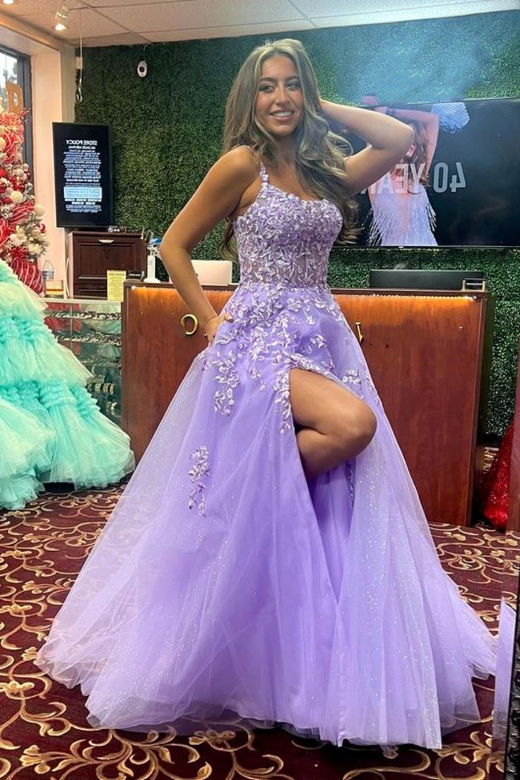 Shiny Purple Lace Long Prom Dress with High Slit, Purple Lace Formal Dress, Purple Evening Dress fg6217