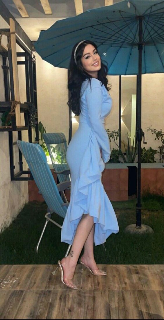 Mermaid Blue Women V Neck Long Sleeves Formal Occasions Evening Gown fg6303